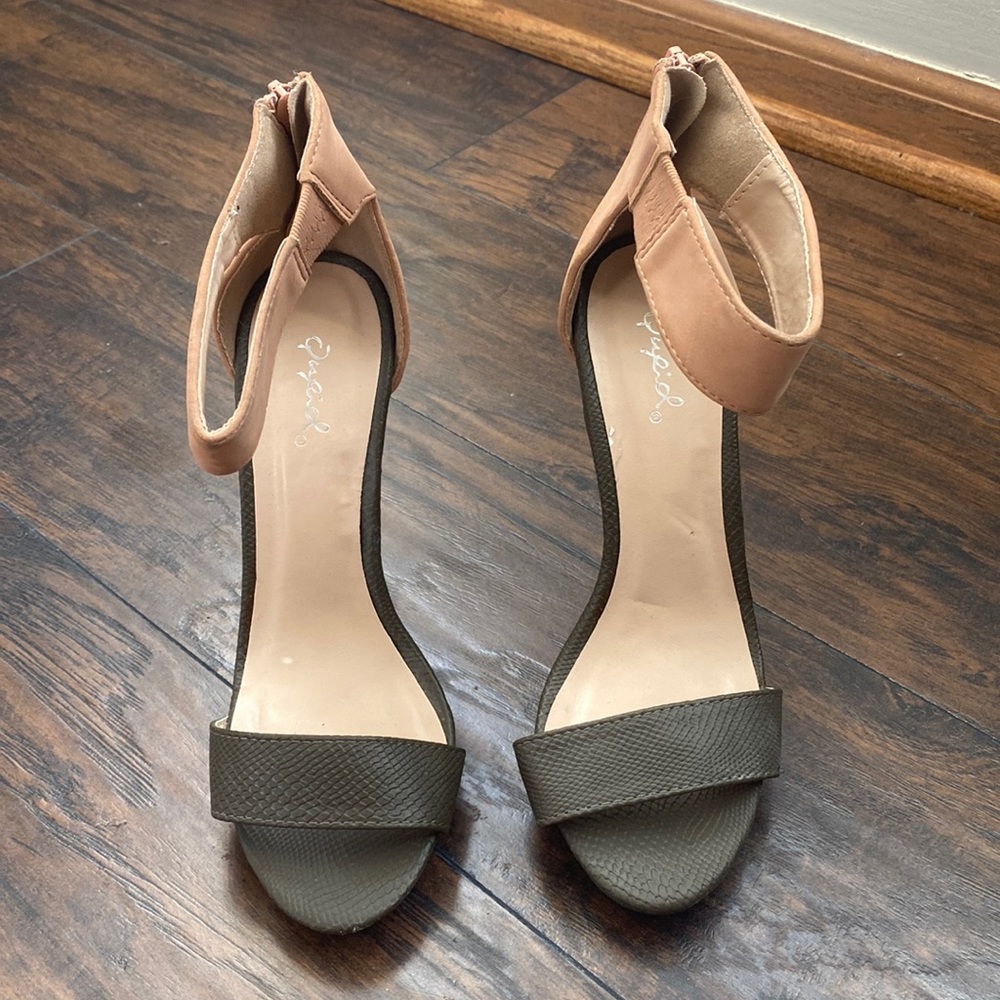 Gray and pink color block heels